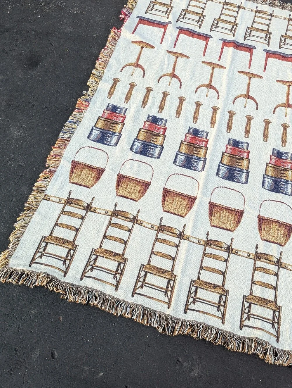 Woven Tapestry Throw with Basket & Chair Motif By The Rug Barn Shaker Style